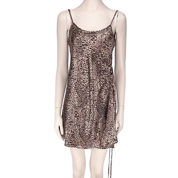 LA VIE EN ROSE‎ Cheetah Leopard Print Side Slit Satin Slip Night Mini Dress Sz L - Picture 3 of 6